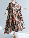woloong Floral Printed Short Sleeves Puff Sleeves Round-Neck Midi Dresses