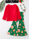 1set Festive Christmas Gingerbread Girl Flared Pants Outfit, Long Sleeve Round Neck Top with "Cuter Than a Christmas Cookie" Print, Casual Knit Polyester Spandex Blend, Stretchy Holiday Set for Kids, for Outdoor