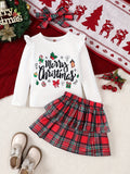 1 Set Girl's 'Merry Christmas' Print Long-Sleeve Ruffle Top + Plaid Print Tiered Skirt - Spring & Fall Sweet Comfy Girls Casual Outfit, As Gift