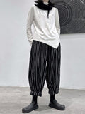 woloong Striped Patterns Split-Joint High-Waisted Wide Leg Loose Trousers Pants