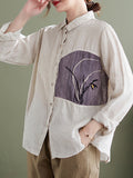 woloong Vintage Long Sleeves Loose Embroidered Lapel Collar Blouses&Shirts Tops