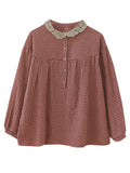 woloong Plaid Ramie Cotton Plus Szie Long Sleeve Shirts