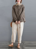 woloong Plaid Ramie Cotton Plus Szie Long Sleeve Shirts