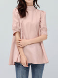 woloong Solid Color Pleated Bowknot Loose Half Sleeves Mock Neck Blouses&Shirts Tops