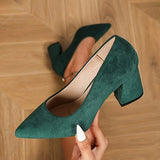 Stylish High Heel Block Pumps - Solid Color Pointed Toe Fashion Shoes with Fabric Upper and Rubber Sole - Comfortable Slip-On Design for All Seasons
