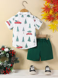 Boys' Christmas Printed 2-Piece Outfit, Polyester Fabric, Party Style, Non-Stretch, Random Print, Regular Fit, Woven, Button Detail, Shorts Set for Toddler Boys, for Outdoor