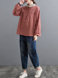 woloong Plaid Ramie Cotton Plus Szie Long Sleeve Shirts