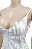 woloong - Apricot Sexy Solid Tassel Sequins Patchwork Spaghetti Strap Sling Dress Dresses