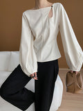 woloong Solid Color Belly-Hollow Asymmetric Puff Sleeves Loose Round-Neck Blouses&Shirts Tops