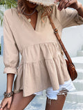 woloong Split-Joint Solid Color Pleated Elasticity Three-Quarter Sleeves Loose V-Neck T-Shirts Tops