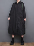 woloong Split-Side Split-Joint Buttoned Asymmetric Loose Long Sleeves Lapel Shirt Dress Midi Dresses
