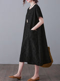 woloong Original Solid Jacquard Short Sleeve Midi Dress