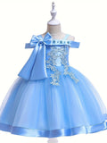 Elegant Girls' Embroidery Cold Shoulder Bow Tutu Dress Kids Clothes Gift Christmas