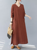 woloong Split-Side Solid Color Pockets Loose Long Sleeves V-Neck Maxi Dresses