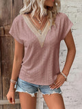woloong Split-Joint Jacquard Hollow Short Sleeves Raglan Sleeve V-Neck T-Shirts Tops