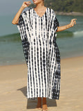 woloong Sun Protection Split-Side Printed Short Sleeves Loose V-Neck Maxi Dresses