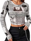 woloong Letter Print Skinny Long Sleeves Round-Neck T-Shirts Tops