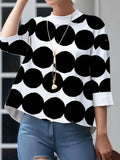 woloong Polka-Dot Three-Quarter Sleeves Loose Stand Collar T-Shirts Tops