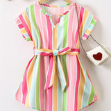 Girls Color Block Vertical Striped Short Sleeve Notch Neck Curved Hem Dress With Belt Kids Summer Clothes