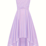 Knee High Elegant One-Shoulder Chiffon Fit and Flare Dress for Girls - Shimmering Rhinestone, Medium Stretch, Sleeveless, Pleated Hem, Solid Color, Hand Wash - Perfect for Junior Bridesmaid, Wedding, Pageant, and Party Occasions