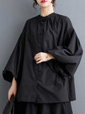 woloong Solid Color Pleated Hollow Buttoned Puff Sleeves Nine-Minute Sleeve Round-Neck Blouses&Shirts Tops