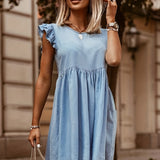 Sky Blue Ruffle Denim Dresses, Round Neck Loose Fit Back Single-Breasted Button Casual Denim Dresses, Women's Denim Clothing