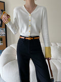 woloong Split-Joint Contrast Color Buttoned Long Sleeves Flared Sleeves V-Neck Cardigan Tops