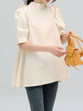 woloong Solid Color Pleated Bowknot Loose Half Sleeves Mock Neck Blouses&Shirts Tops