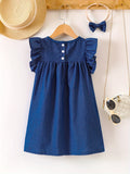 Girls Charming Denim Ruffle Dress with Adorable Button Detail - Flouncy Sleeveless Design for Fun Summer Holidays