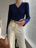 woloong Split-Joint Contrast Color Buttoned Long Sleeves Flared Sleeves V-Neck Cardigan Tops