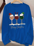 Women's Festive Christmas Wine Glass & Letter Print Long Sleeve T-Shirt - Casual Crew Neck, Polyester, Machine Washable