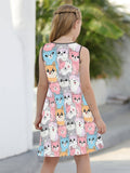 Charming Cat Print Girls' Sleeveless Dress - Soft, Breathable Fabric - Perfect for Summer Playdates & Casual Outings