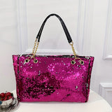 Oversized Sparkling Sequin Tote Bag - Fashion Metal Chain Shoulder Strap - Durable & Versatile for Work, Commuting - Everyday Glamour for Professionals