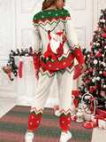 Cozy Santa Claus Print Two-Piece Outfit - Women's Casual Clothing - Crew Neck Long Sleeve Top & Slant Pocket Drawstring Waist Pants with Festive Holiday Design