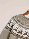 1pc Women's Casual Christmas Reindeer Pattern Pullover Sweater, Long Sleeve Round Neck Knitwear, Autumn/Winter Season, Color Block Detail, Acrylic Material