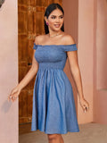 Womens Elegant Denim Midi Dress - Off-Shoulder Design with Delicate Ruffle Smocked Detail and Classic Plain Jean Skirt - Perfect for Chic Summer Fashion Occasions