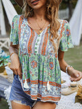 woloong Tied Tasseled Split-Joint Flower Print Buttoned Short Sleeves Loose V-Neck T-Shirts Tops