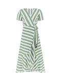 woloong Tied Striped Split-Joint Short Sleeves Loose V-Neck Maxi Dresses