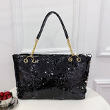 Oversized Sparkling Sequin Tote Bag - Fashion Metal Chain Shoulder Strap - Durable & Versatile for Work, Commuting - Everyday Glamour for Professionals