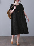 woloong Original Solid Jacquard Short Sleeve Midi Dress