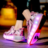 Roller Skateboard Shoes for Girls - Trendy, Cool, Low-Top Design with USB Light, Anti-Slip Retractable Wheels for Indoor and Outdoor Use, All Seasons