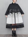woloong Split-Joint Printed Gauze Buttoned Loose Long Sleeves Lapel Midi Dresses