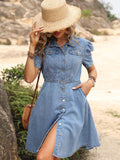 Knee-length Jean Dress - Relaxed Casual Style with Classic Button Down Front and Comfortable Short Sleeves - Designed for Women, Perfect for Summer Outings and Everyday Wear