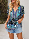 woloong Tied Tasseled Split-Joint Flower Print Buttoned Short Sleeves Loose V-Neck T-Shirts Tops