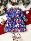 Girls Cute & Sweet Long Sleeve Allover Cartoon Christmas Elements Pattern Dress For Spring & Fall, As Christmas Gifts