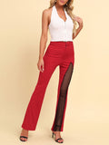woloong Zipper Split-Joint Mesh Asymmetric High Waisted Pants Flared Trousers