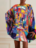 woloong Batwing Sleeves Long Sleeves Buttoned Hollow Printed Round-Neck Mini Dresses