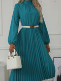 woloong Solid Color Pleated No Belt Hollow Elasticity Buttoned Puff Sleeves Loose High Neck Midi Dresses