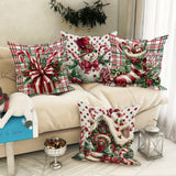 4-Pack 18x18 Inches Machine Washable Velvet Christmas Throw Pillow Covers - Festive Snowman, Candy Cane, Holiday Gift Designs with Plaid Pattern for Living Room, Bedroom Decor - Zippered Polyester Sofa Cushions (Pillow Inserts Not Included)