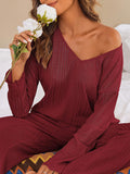 woloong V-Neck Long Sleeves Loose Solid Color Shirt Top + Pants Bottom Pajama Sets